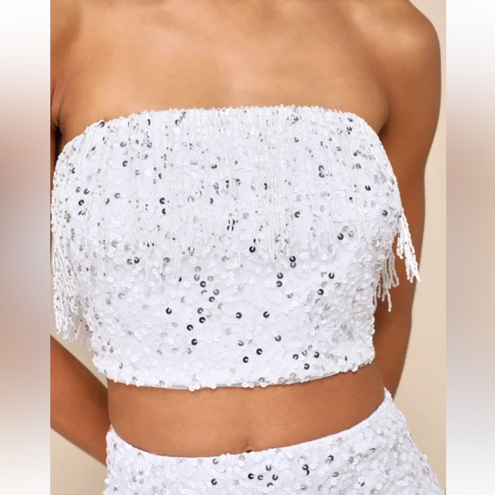 Lulus‎ White Glam of the Moment Beaded Fringe Sequin Strapless Crop Top NWT M